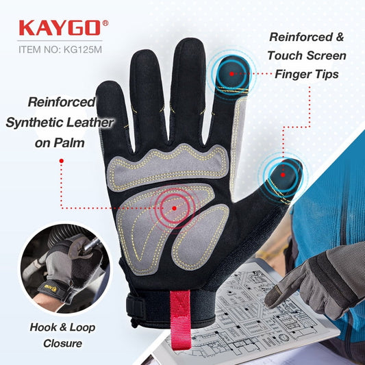 KAYGO Work Gloves For Men, Mechanic Utility Work Gloves for All Purpose, Heavy Duty, Touch Screen (Gray, M)