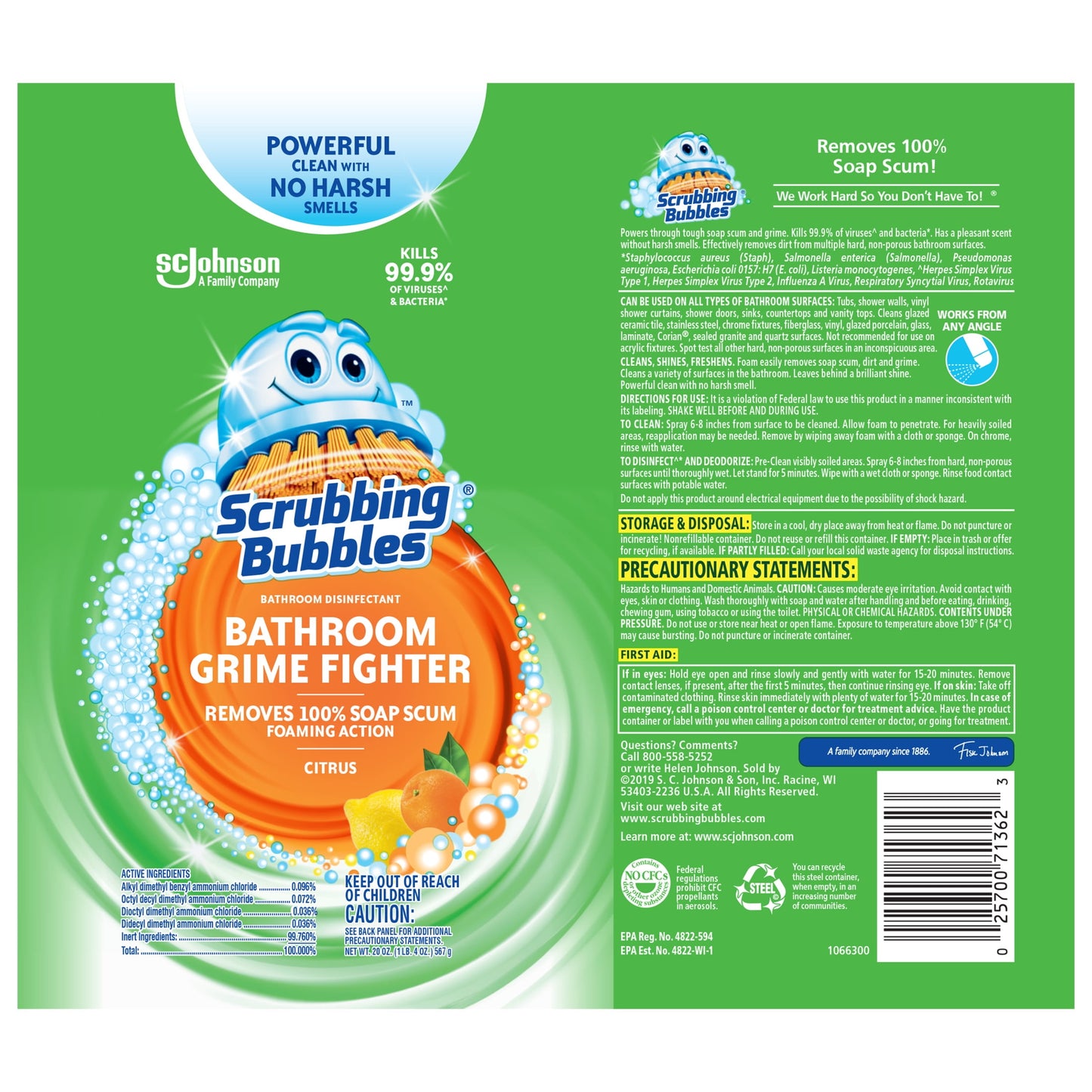 Scrubbing Bubbles Bathroom Grime Fighter, Disinfectant Cleaner Aerosol, Citrus, 20 oz, 2 Count