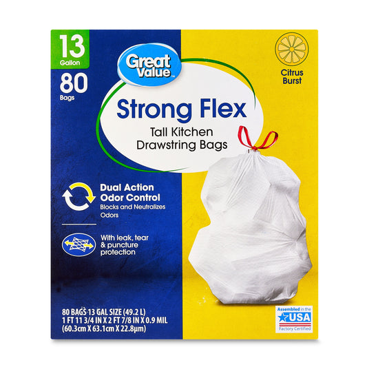 Great Value Strong Flex 13-Gallon Drawstring Tall Kitchen Trash Bags, Citrus Burst, 80 Count