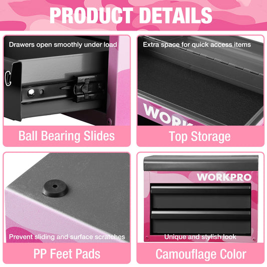 WORKPRO Mini Tool Box, 2-Drawer Metal Tool Chest with Ball Bearing Slides, Top Storage, Pink Camo