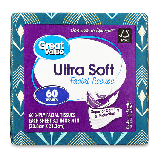 Great Value Ultra Soft Facial Tissues, 1 Cube, 60 Tissues per Cube, 3-Ply, Compare to Kleenex®