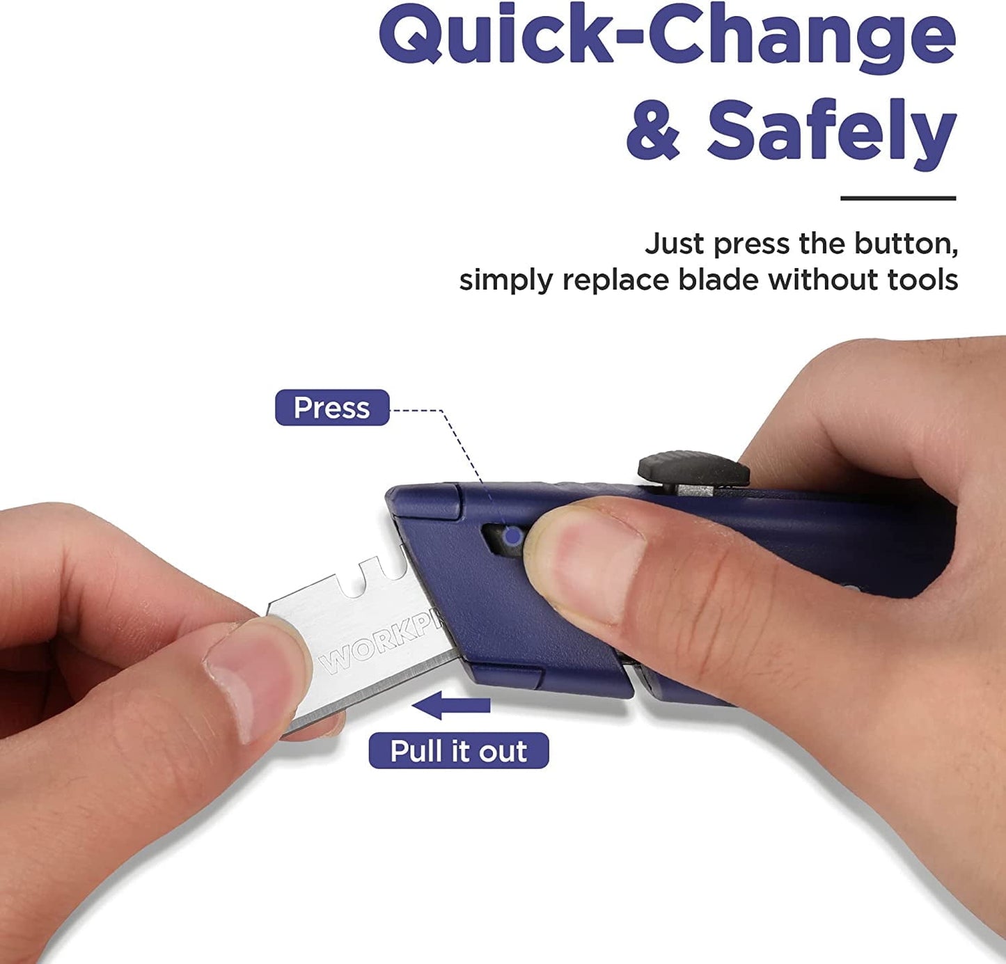 WORKPRO Retractable Box Cutter, Quick Change Utility Knife with Extra Blade Storage - Heavy Duty Aluminum Razor Knife, Twine Cutter, Bonus SK5 Blades Included, Blue