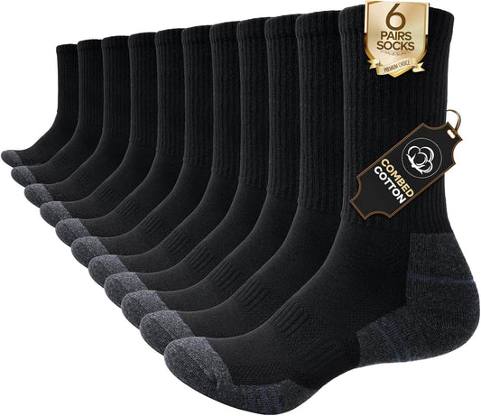 Cotton Crew Socks for Work Hiking, Thermal Warm Winter Boot Sock Cushioned Moisture Athletic Sports Running (6 Pairs)