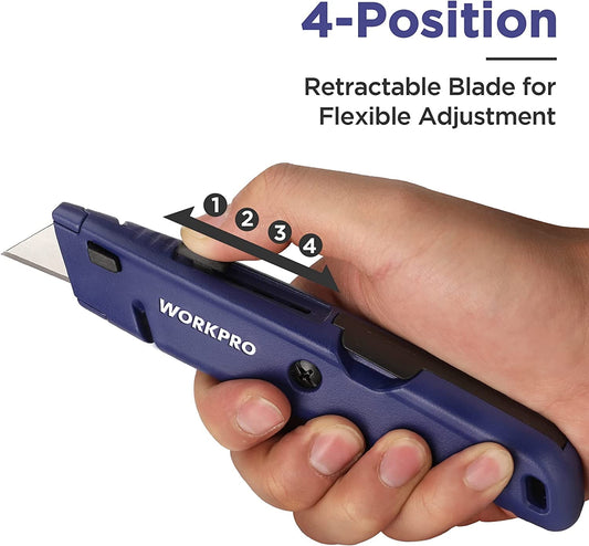 WORKPRO Retractable Box Cutter, Quick Change Utility Knife with Extra Blade Storage - Heavy Duty Aluminum Razor Knife, Twine Cutter, Bonus SK5 Blades Included, Blue