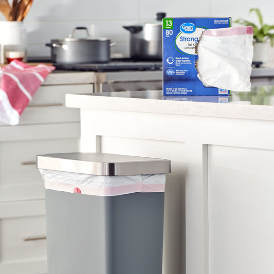 Great Value Strong Flex 13 Gallon Drawstring Tall Kitchen Trash Bags, Unscented, 80 Count