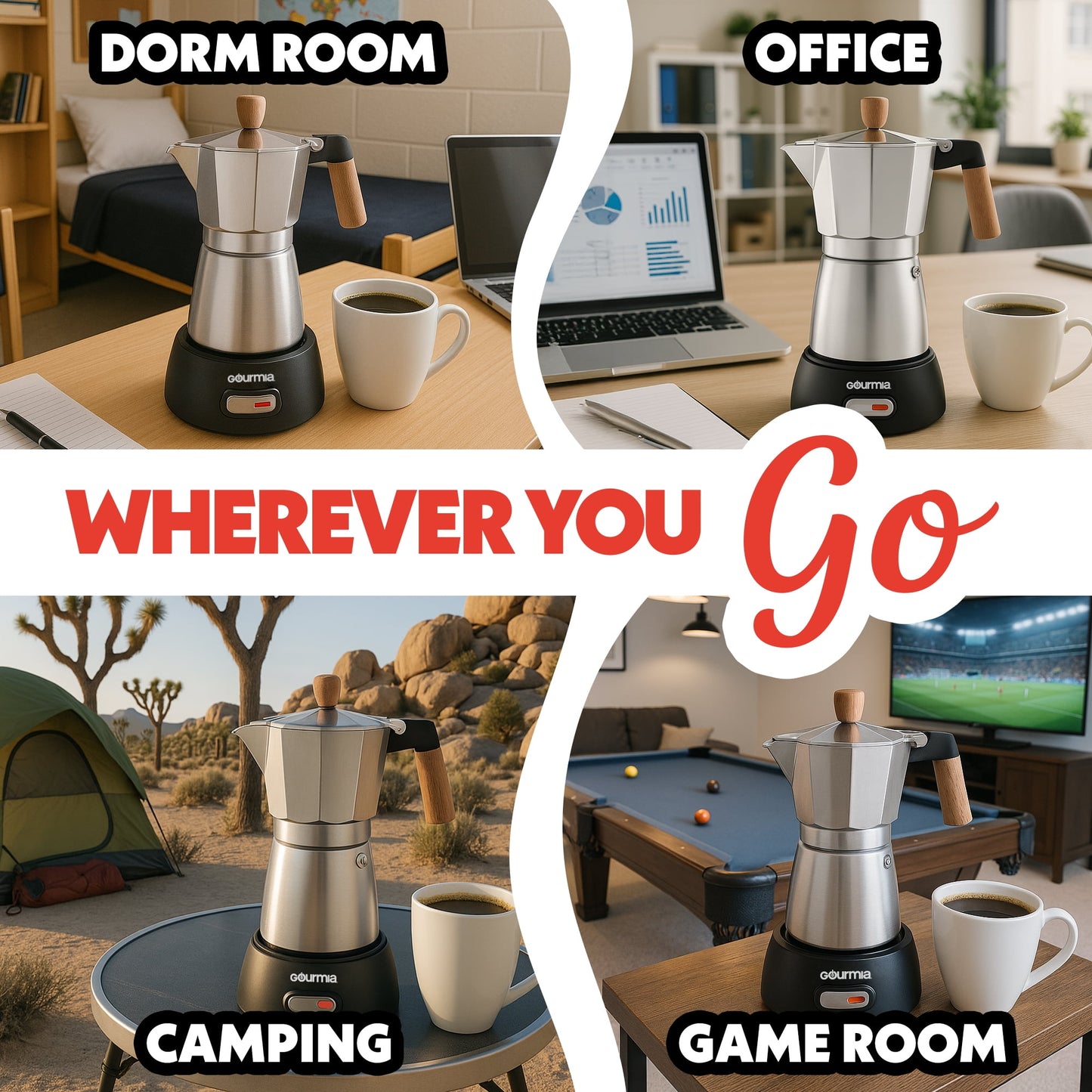 Gourmia Electric Moka Espresso Maker, 3–6 Cup, 550W, Silver