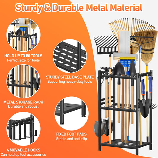 Garden Tool Organizer, UNTIMATY Yard Tool Rack with Hooks for Garage Organization Storage,Heavy Duty Metal Garden Tool Organizer Stand for Garage Shed Backyard