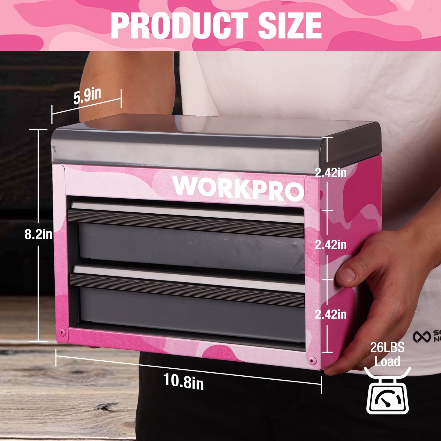 WORKPRO Mini Tool Box, 2-Drawer Metal Tool Chest with Ball Bearing Slides, Top Storage, Pink Camo