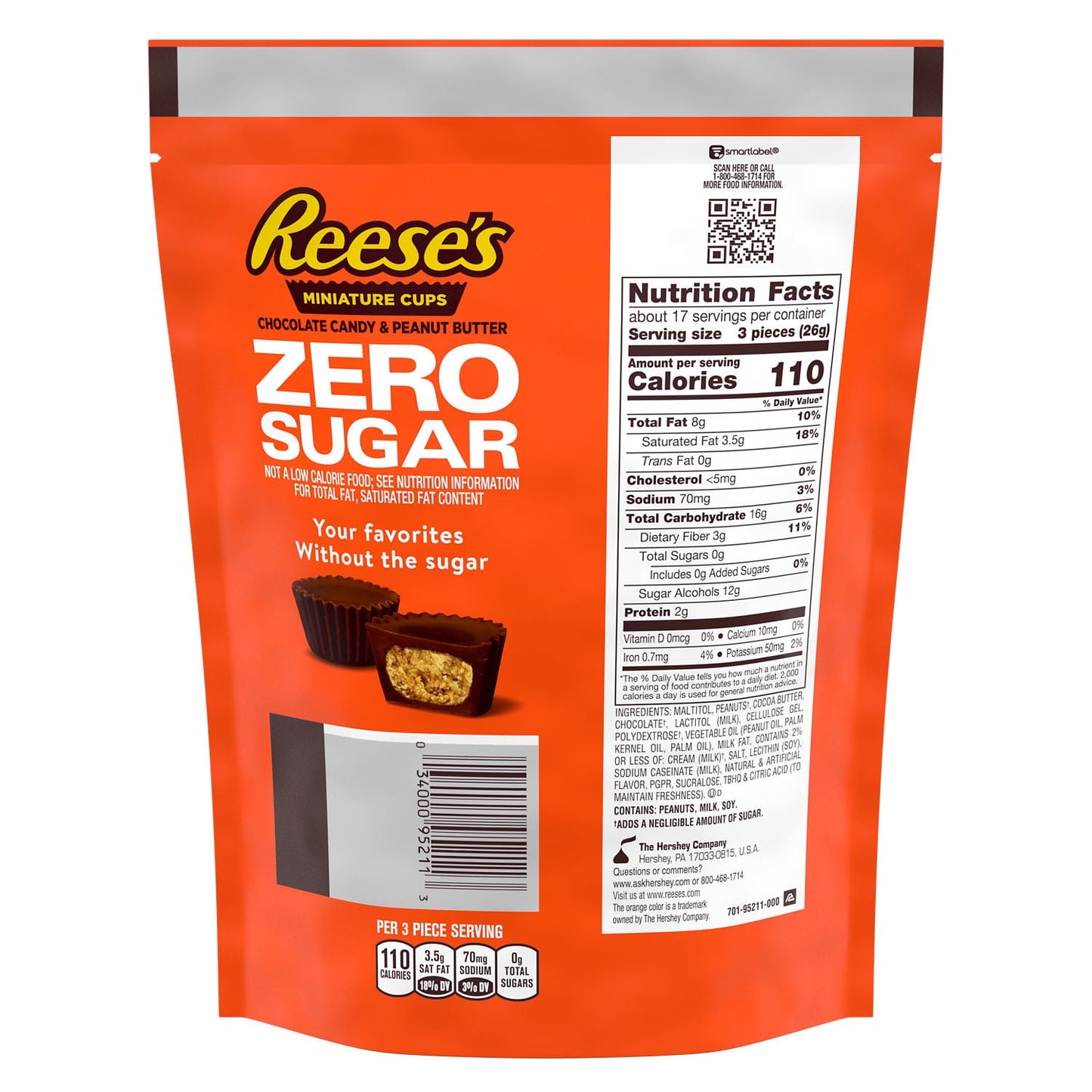 Reese's Zero Sugar Miniatures Chocolate Peanut Butter Cups Candy, Bag 15.5 oz