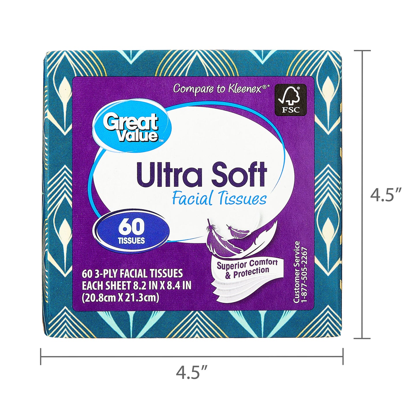 Great Value Ultra Soft Facial Tissues, 1 Cube, 60 Tissues per Cube, 3-Ply, Compare to Kleenex®
