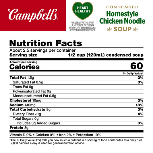 Campbell’s Condensed Heart Healthy Homestyle Chicken Noodle Soup, 50% Less Sodium, 10.5 oz Can