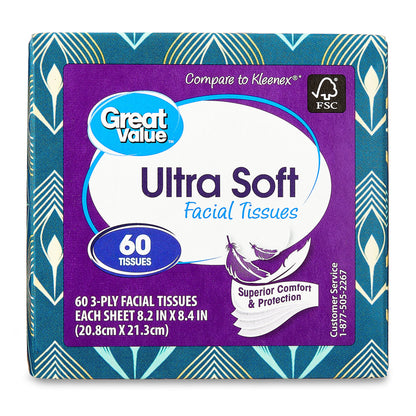 Great Value Ultra Soft Facial Tissues, 1 Cube, 60 Tissues per Cube, 3-Ply, Compare to Kleenex®