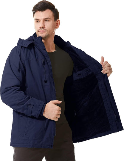 Mens Jacket Winter Casual Fleece Lined Cotton Thick Military Tactical Hooded Work Coats with Cargo Pockets