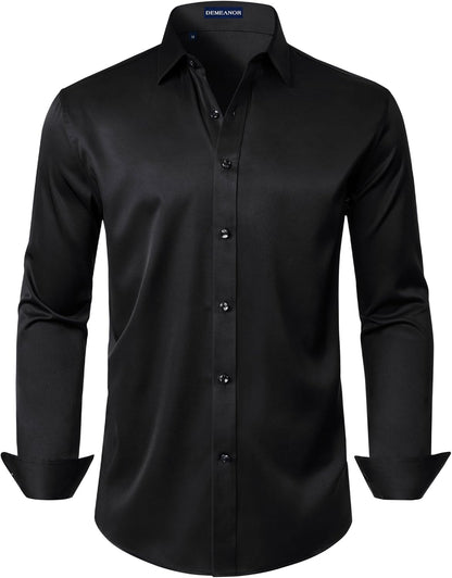 DEMEANOR Mens Dress Shirt Long Sleeve Stretch Wrinkle Free Wedding Formal Business Button Down Shirt