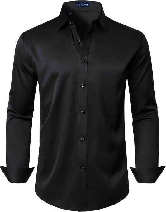 DEMEANOR Mens Dress Shirt Long Sleeve Stretch Wrinkle Free Wedding Formal Business Button Down Shirt