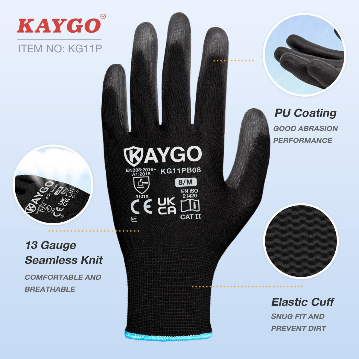 KAYGO PU Coated Work Gloves, 12 Pairs, Black 2XL
