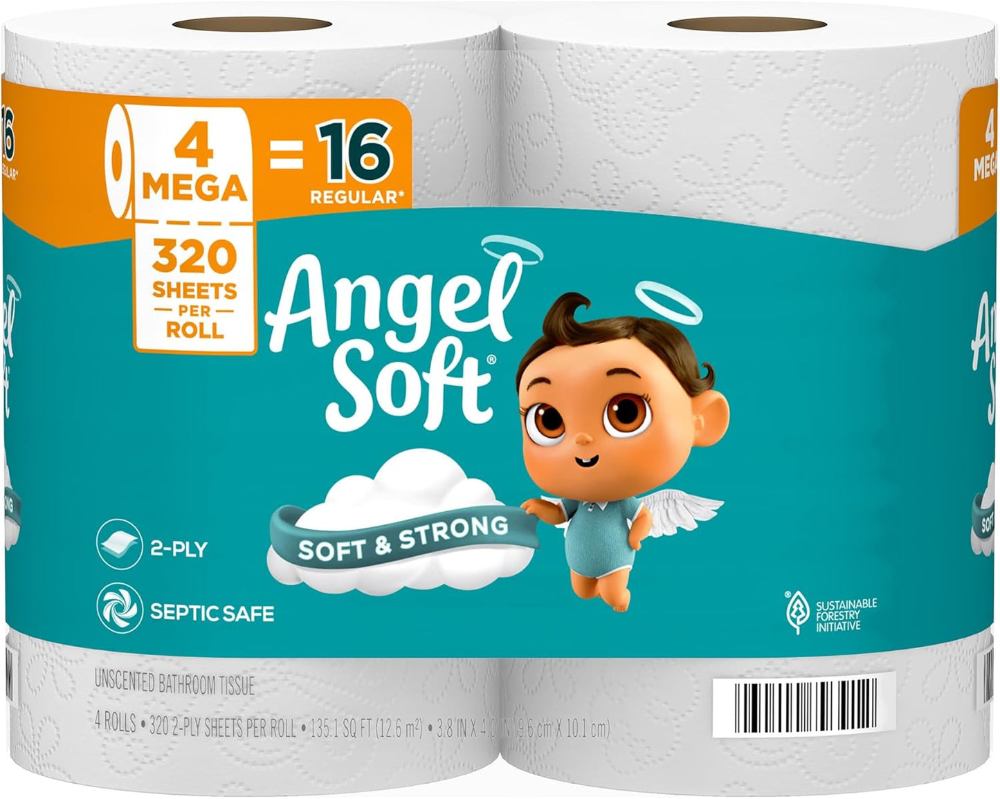 Angel Soft Toilet Paper, 4 Mega Rolls (16 Count), Soft & Strong