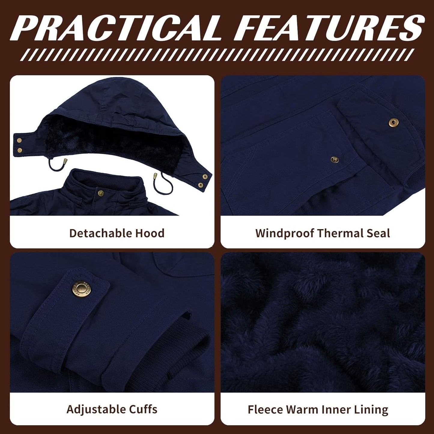 Mens Jacket Winter Casual Fleece Lined Cotton Thick Military Tactical Hooded Work Coats with Cargo Pockets