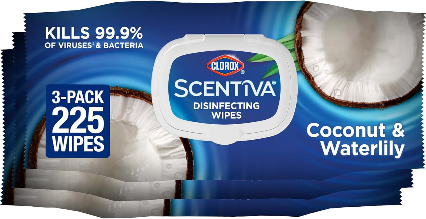 Clorox Scentiva Wipes, Coconut & Waterlily, 75 ct x 3