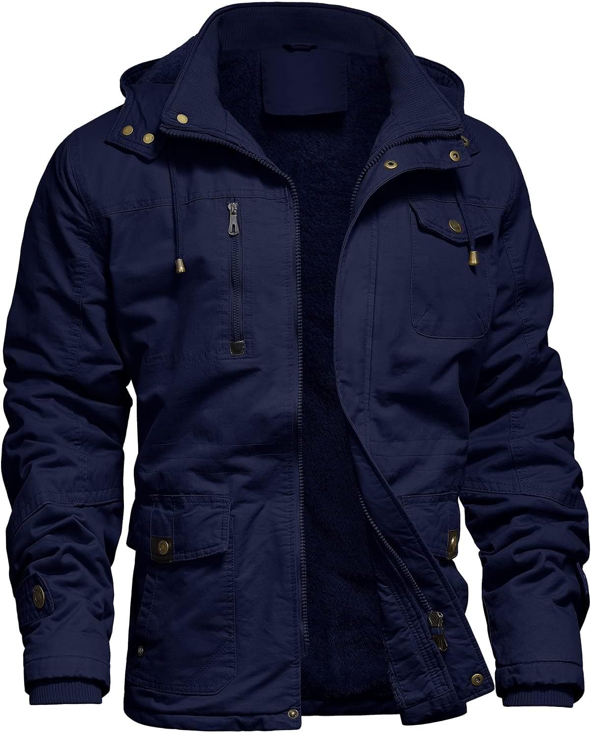 Mens Jacket Winter Casual Fleece Lined Cotton Thick Military Tactical Hooded Work Coats with Cargo Pockets