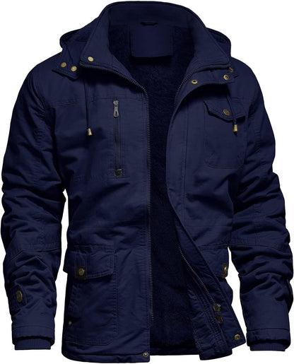 Mens Jacket Winter Casual Fleece Lined Cotton Thick Military Tactical Hooded Work Coats with Cargo Pockets