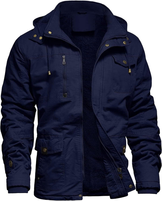 Mens Jacket Winter Casual Fleece Lined Cotton Thick Military Tactical Hooded Work Coats with Cargo Pockets