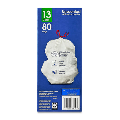 Great Value Strong Flex 13 Gallon Drawstring Tall Kitchen Trash Bags, Unscented, 80 Count