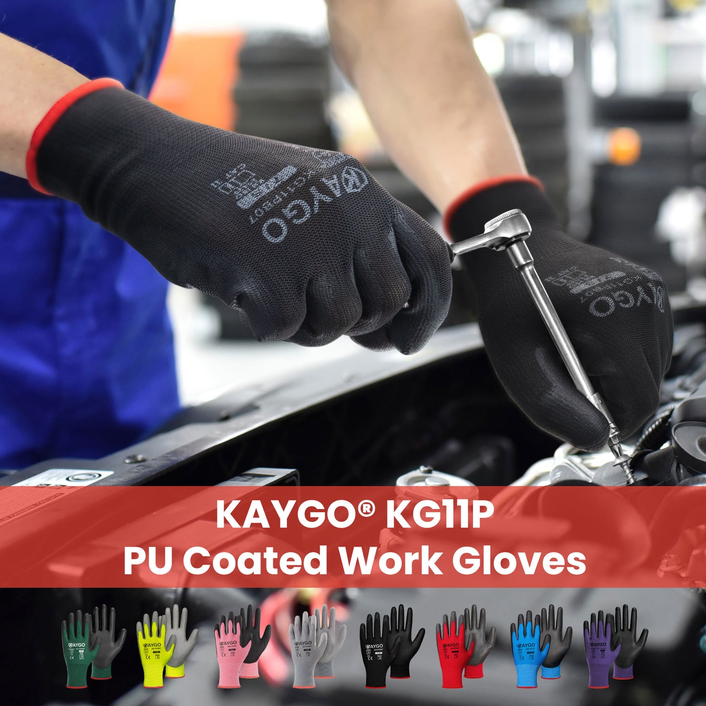 KAYGO PU Coated Work Gloves, 12 Pairs, Black 2XL