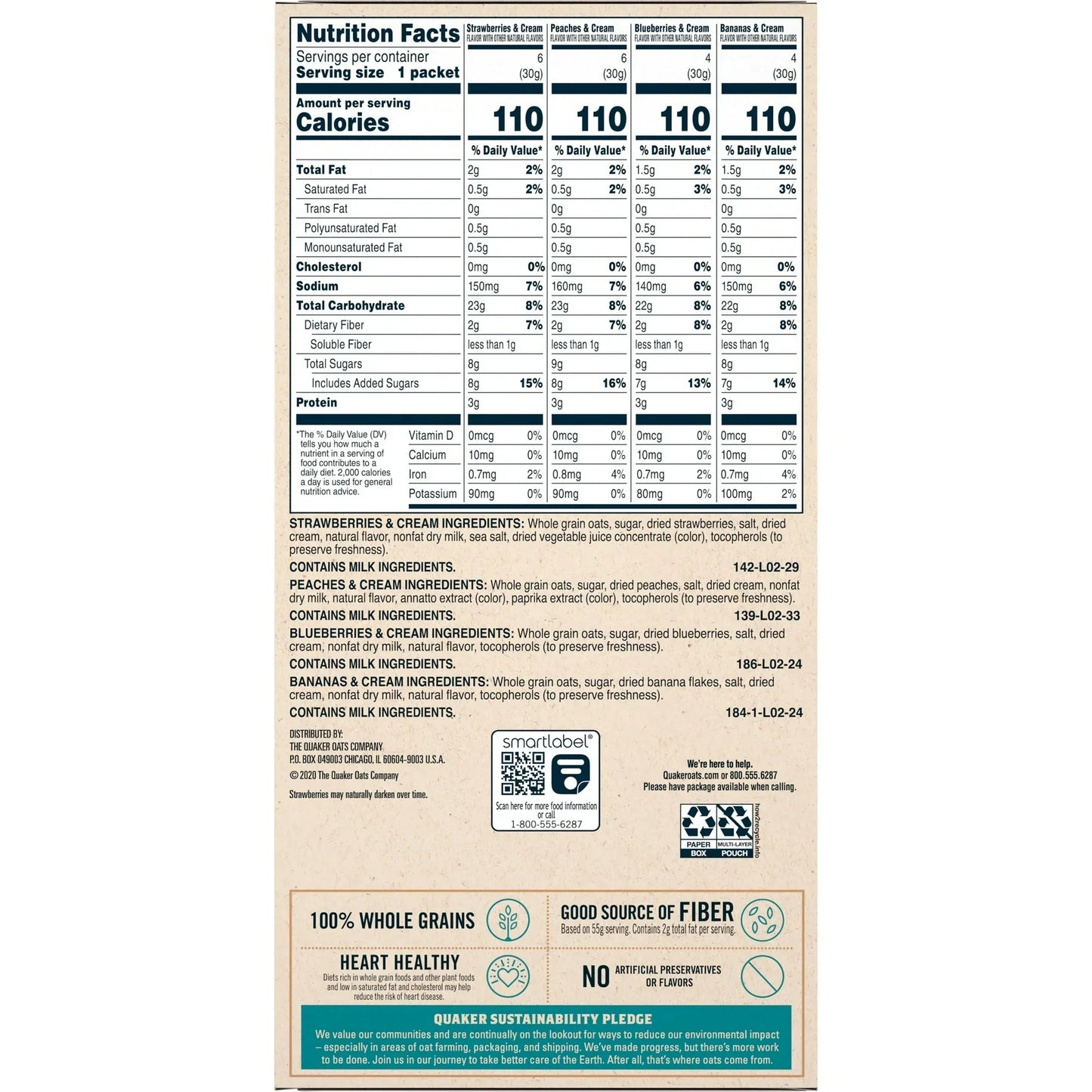 Quaker Instant Oatmeal, Fruit & Cream Variety Pack, 20 Packets