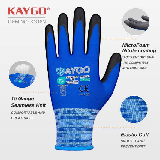 KAYGO Safety Work Gloves MicroFoam Nitrile Coated, 3 Pairs KG18NB, Seamless Knit Nylon Glove with full fingers Touchscreen, Ideal for Automotive, Warehouse, Construction, Blue, S
