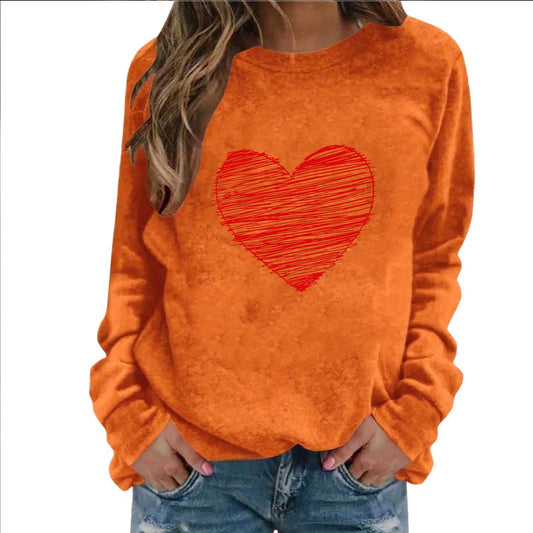 UTSJKR Valentines Day Women's Crewneck Sweatshirts Oversized Heart Print Casual Plus Size Comfy Long Sleeve T-Shirts Pullover Tops Orange XXL