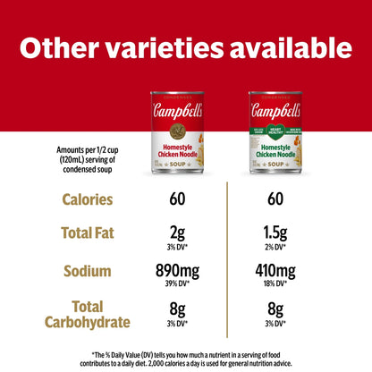 Campbell’s Condensed Heart Healthy Homestyle Chicken Noodle Soup, 50% Less Sodium, 10.5 oz Can