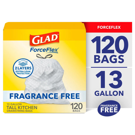 Glad ForceFlex Tall Kitchen Drawstring Trash Bags, 13 Gallon, Fragrance Free, 120 Count