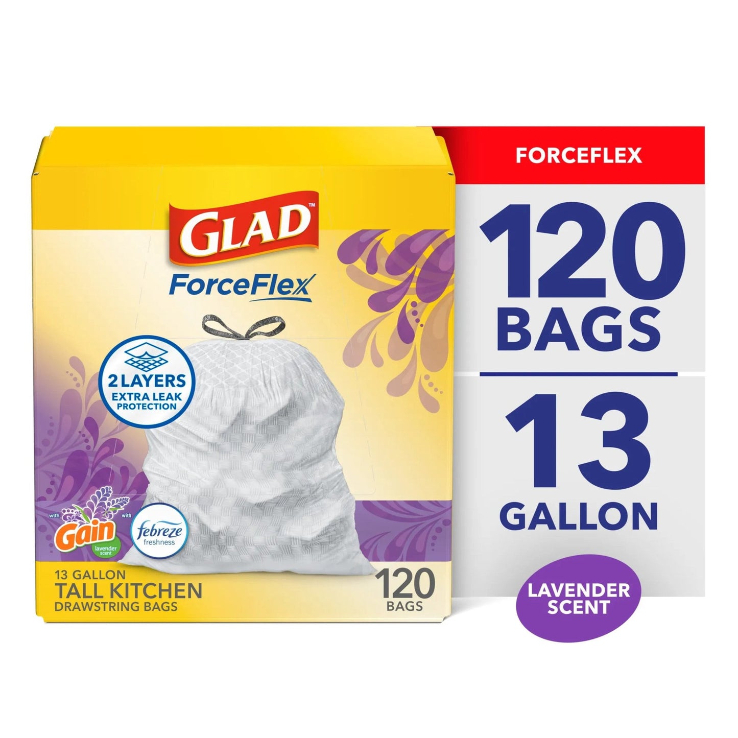 Glad 13G Tall Kitchen Trash Bags – Lavender Febreze, 120 Pack