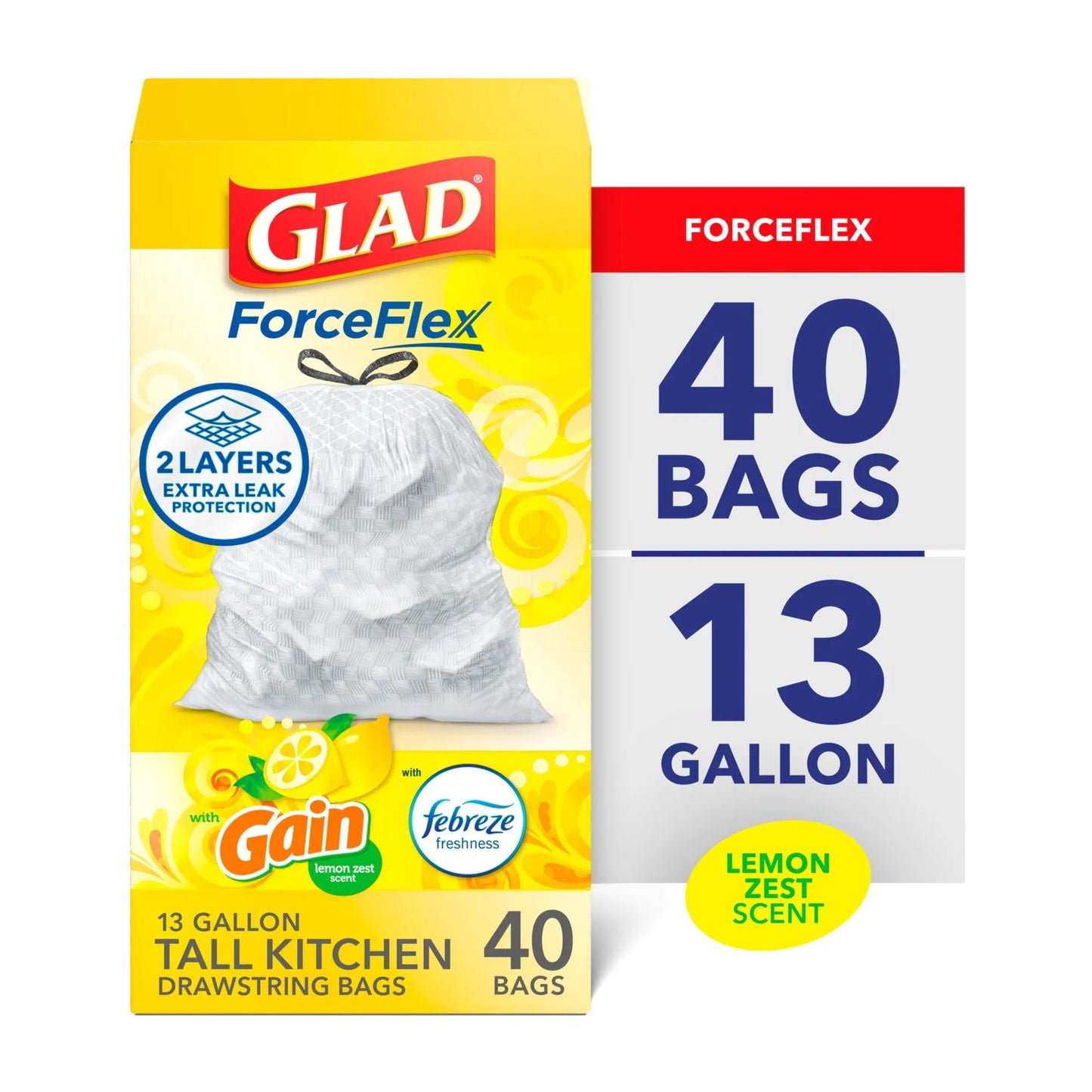 Glad ForceFlex Tall Kitchen Drawstring Trash Bags, 13 Gal, Gain Lemon Zest Febreze, 40 Count