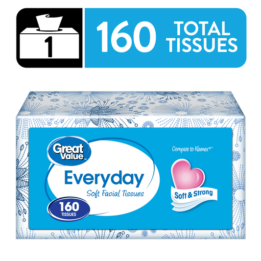 Great Value Everyday Soft Facial Tissues, 1 Flat Carton, 160 Tissues per Flat, 2-Ply, Compare to Kleenex®