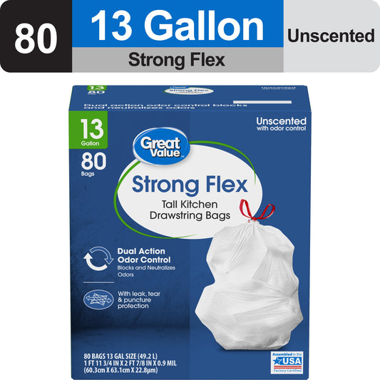 Great Value Strong Flex 13 Gallon Drawstring Tall Kitchen Trash Bags, Unscented, 80 Count