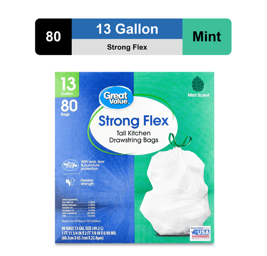Great Value Strong Flex 13 Gallon Tall Kitchen Drawstring Bags, Mint Scent, 80 Count