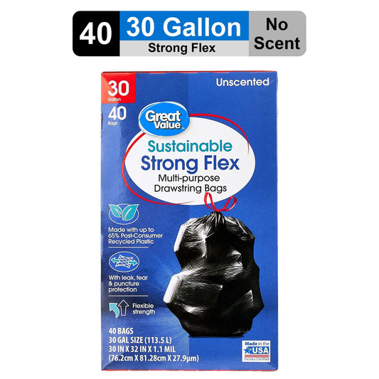 Great Value Sustainable Strong Flex Multi-Purpose Drawstring Bags, 30 Gallon, 40 Count