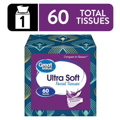 Great Value Ultra Soft Facial Tissues, 1 Cube, 60 Tissues per Cube, 3-Ply, Compare to Kleenex®