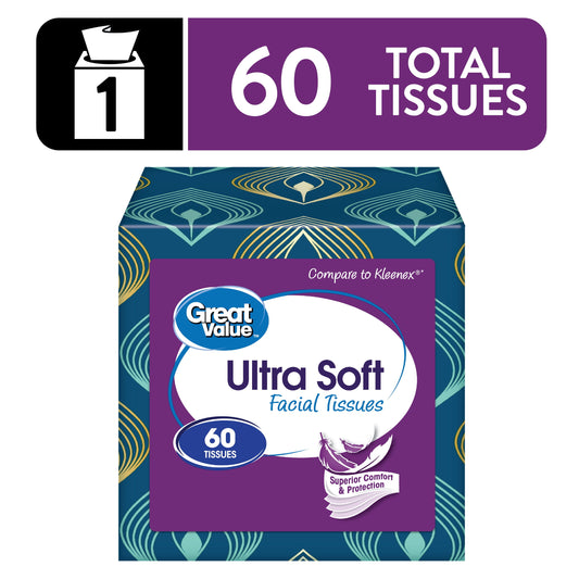 Great Value Ultra Soft Facial Tissues, 1 Cube, 60 Tissues per Cube, 3-Ply, Compare to Kleenex®
