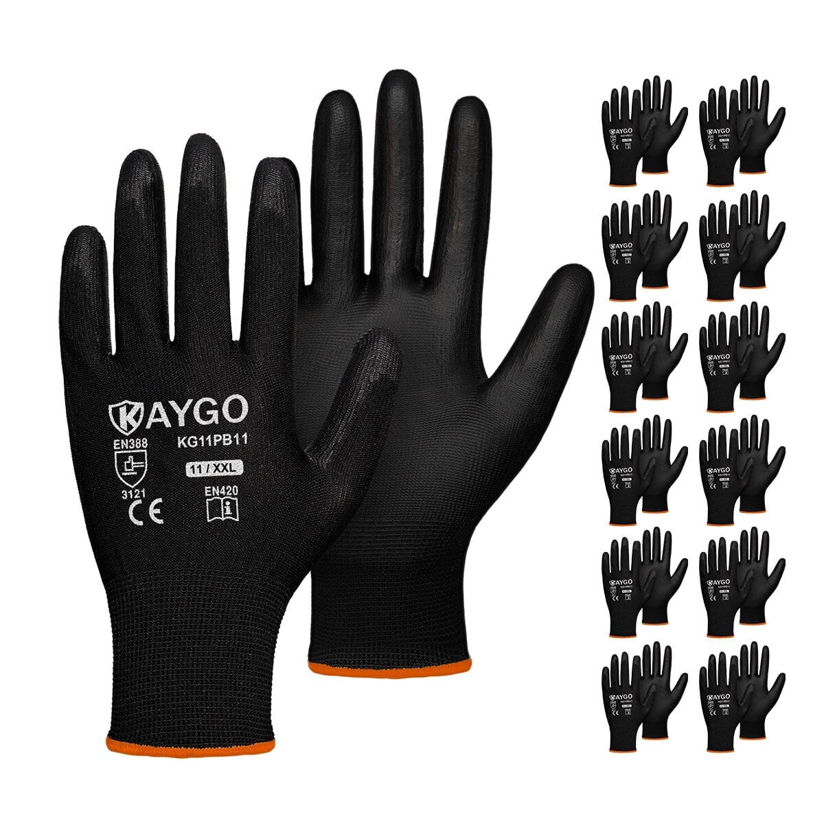 KAYGO PU Coated Work Gloves, 12 Pairs, Black 2XL