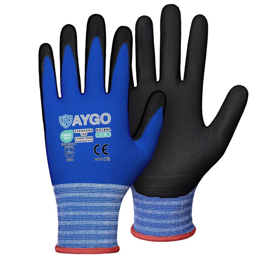 KAYGO Safety Work Gloves MicroFoam Nitrile Coated, 3 Pairs KG18NB, Seamless Knit Nylon Glove with full fingers Touchscreen, Ideal for Automotive, Warehouse, Construction, Blue, S