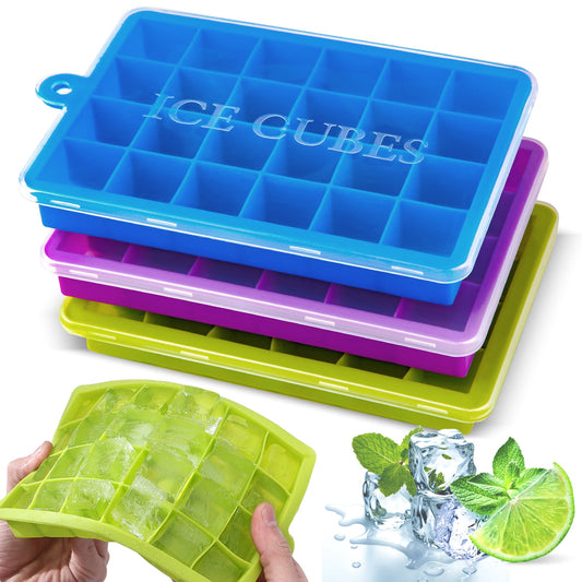 SUPTREE Silicone Ice Cube Trays with Lids for Freezer 3 Pack Mini 24 Cubes per Tray for Cocktail Whiskey Chocolate