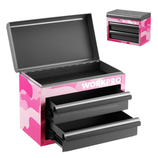 WORKPRO Mini Tool Box, 2-Drawer Metal Tool Chest with Ball Bearing Slides, Top Storage, Pink Camo