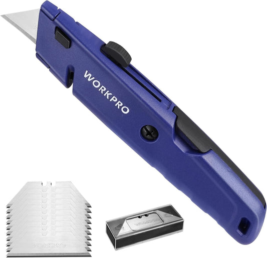 WORKPRO Retractable Box Cutter, Quick Change Utility Knife with Extra Blade Storage - Heavy Duty Aluminum Razor Knife, Twine Cutter, Bonus SK5 Blades Included, Blue