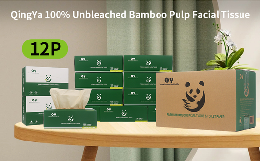 QingYa Premium Bamboo Facial Tissues, 12 Square Boxes,  135 Tissues per Box, Ultra Soft and Unbleached