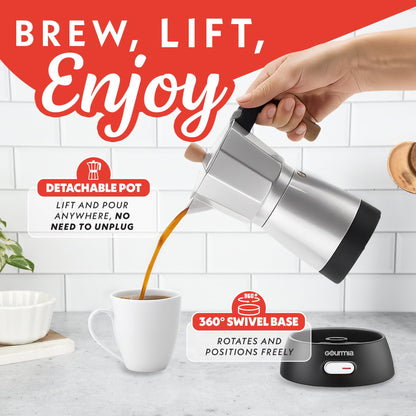 Gourmia Electric Moka Espresso Maker, 3–6 Cup, 550W, Silver
