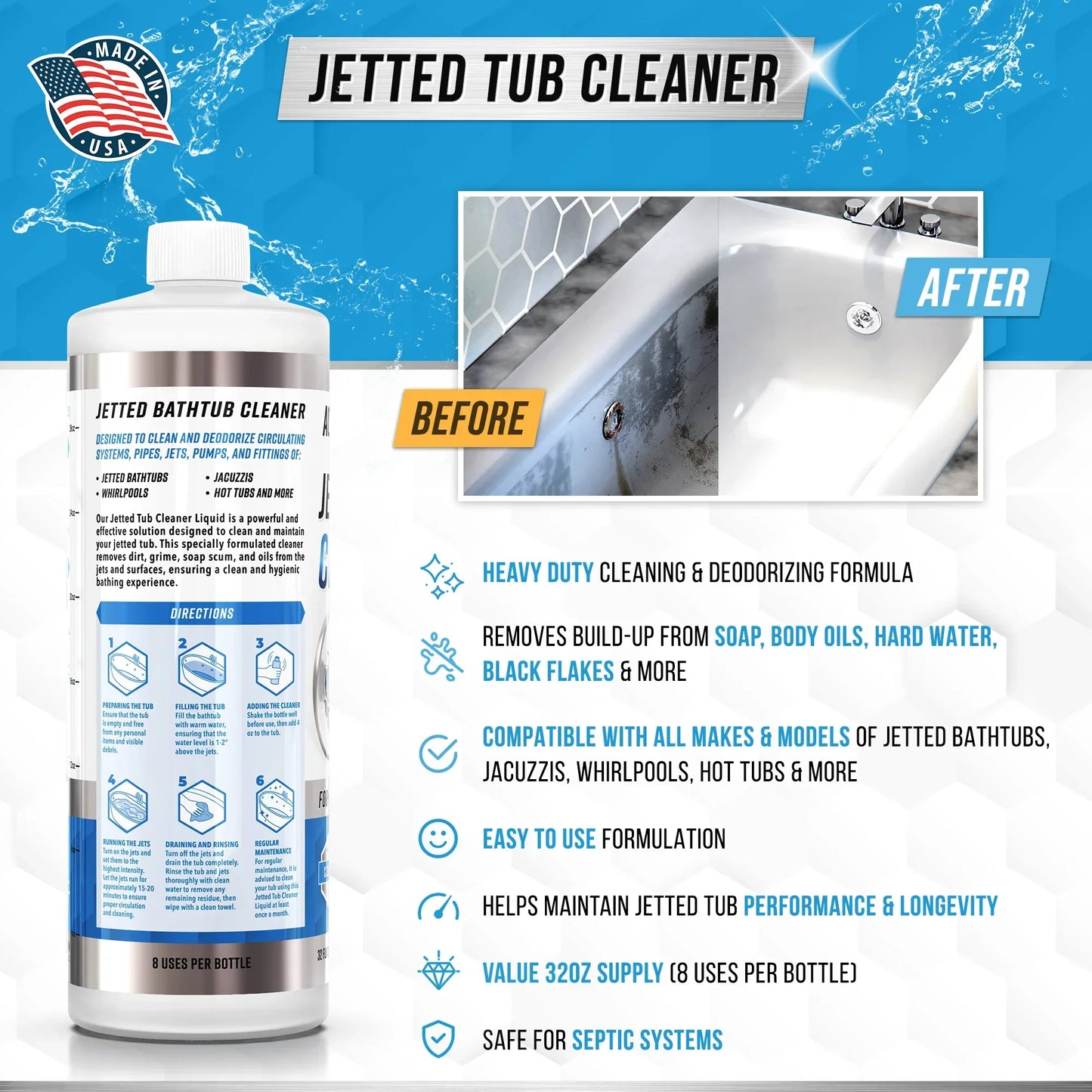 Active Jetted Hot Tub and Spa Cleaner, Compatible with Jacuzzis and Whirlpools, 32 oz, 8 Uses