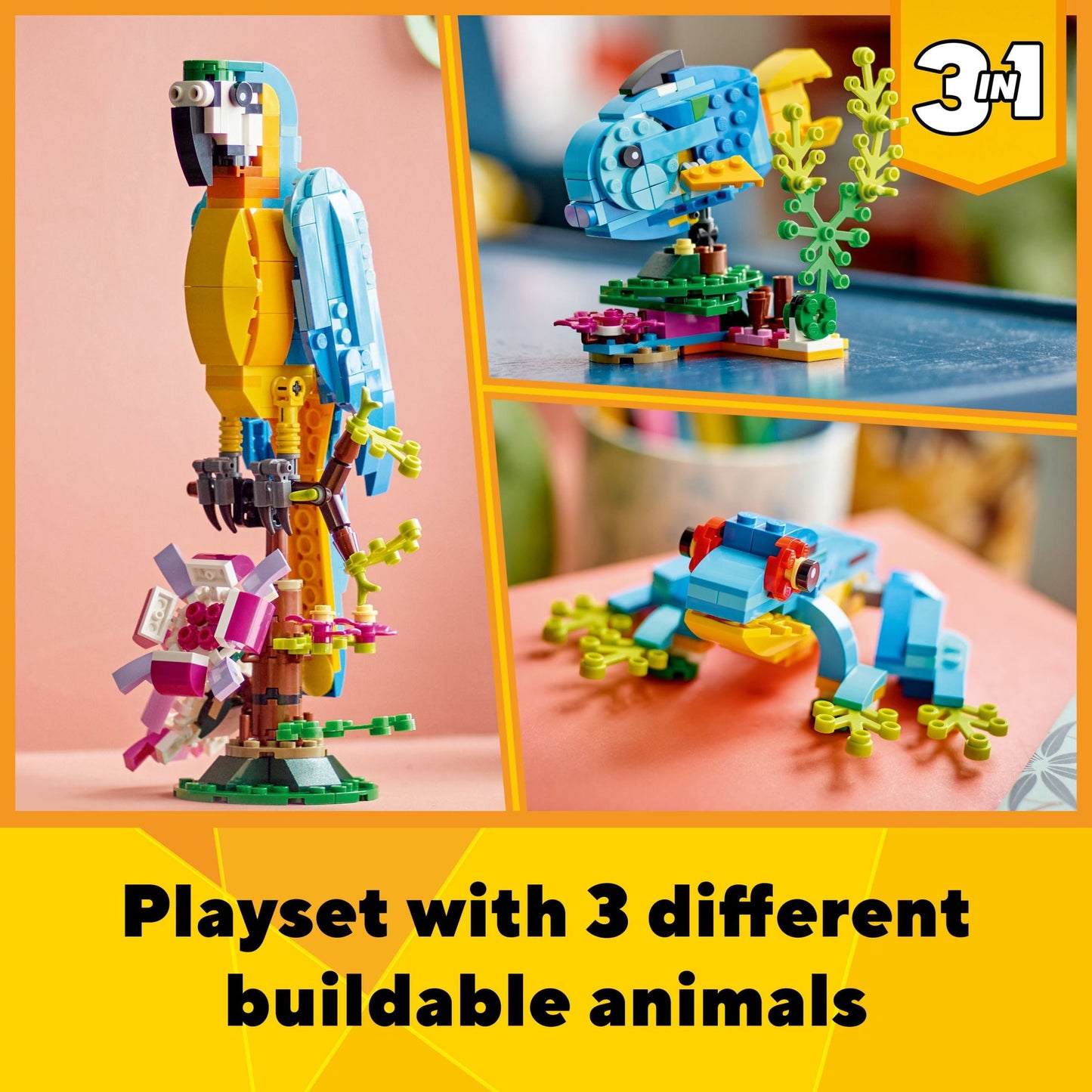 LEGO Creator 3 in 1 Exotic Parrot to Frog to Fish Animal Figures Building Toy, Creative Toys for Kids Ages 7 and Up, 31136